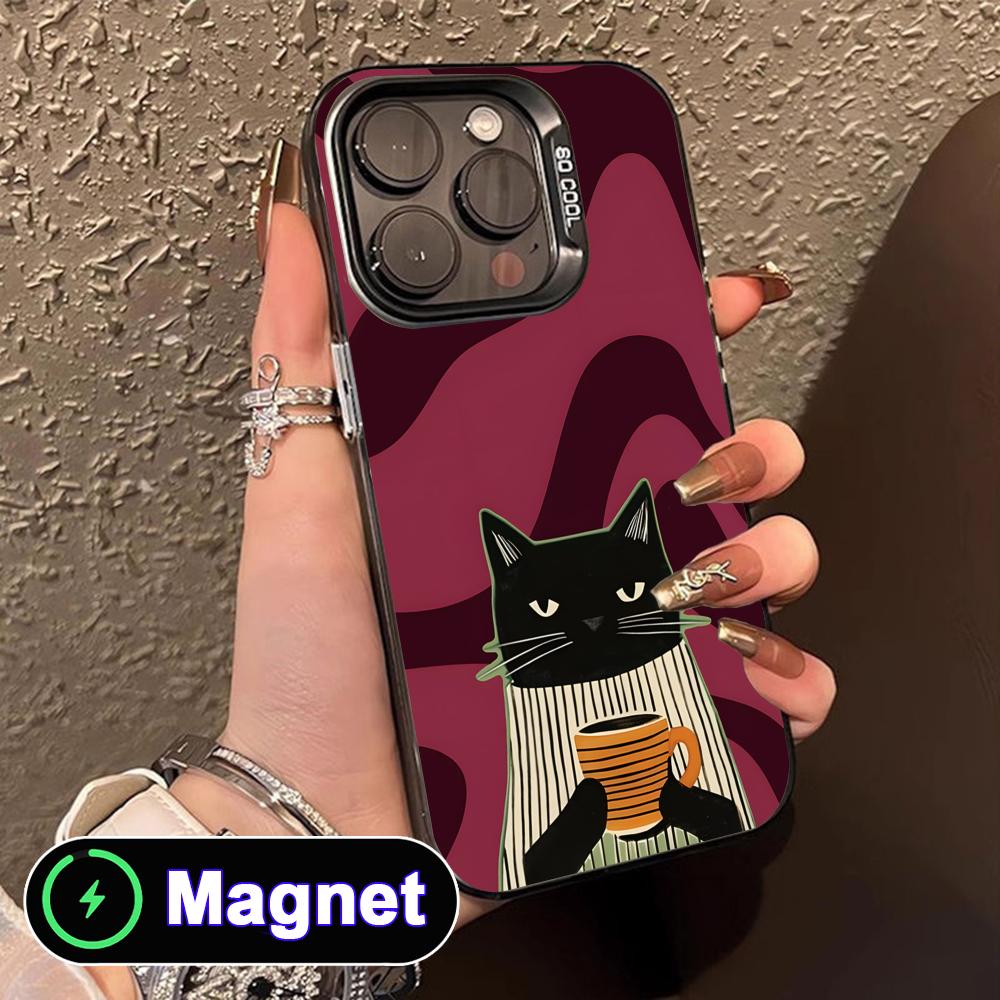 Cute Coffee Cat Translucent MagSafe Mobile Phone Case for iPhone 17 16 15 14 13 12 11 Air Pro Max Plus Colorful Cover