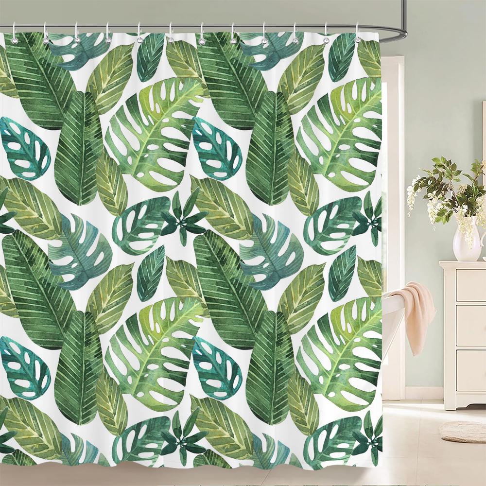 1 pack of Green leaf plant pattern polyester shower curtain bathroom partition curtain with hooks home decorative curtain