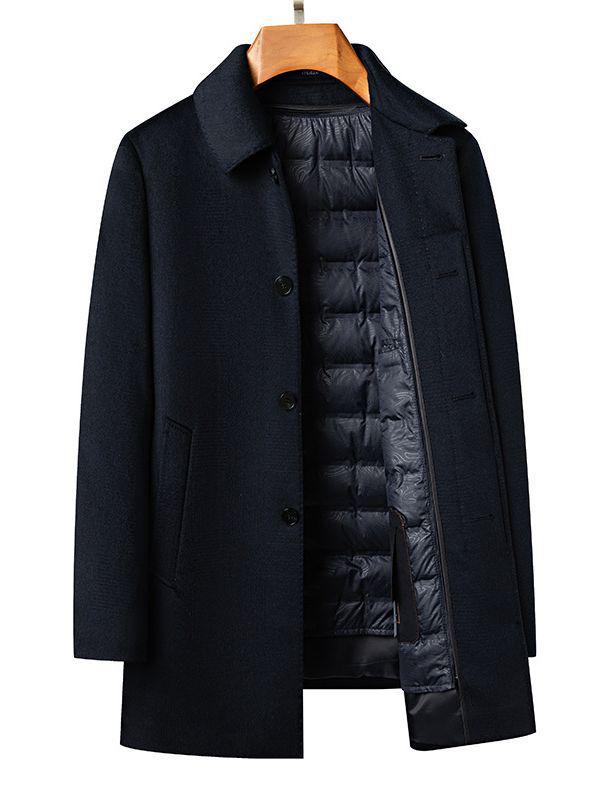 Men's Mid-Length Wool Coat with Goose Down for Autumn Winter - Cashmere Overcoat for Middle-Aged and Elderly