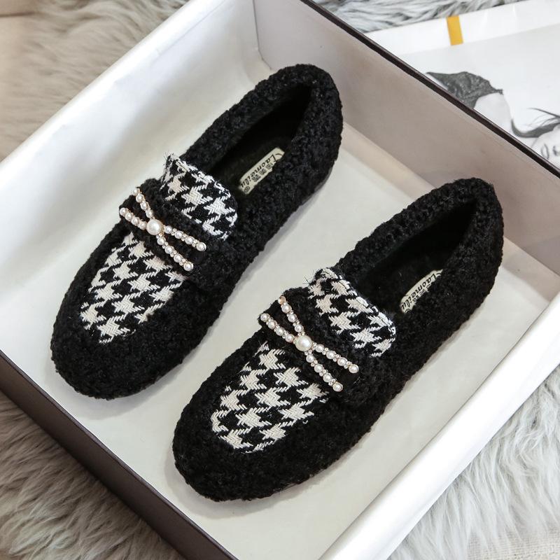 Winter Women Shoes Short Boots Houndstooth Casual Boat Bootie Ladies Plush Slip-on Loafers