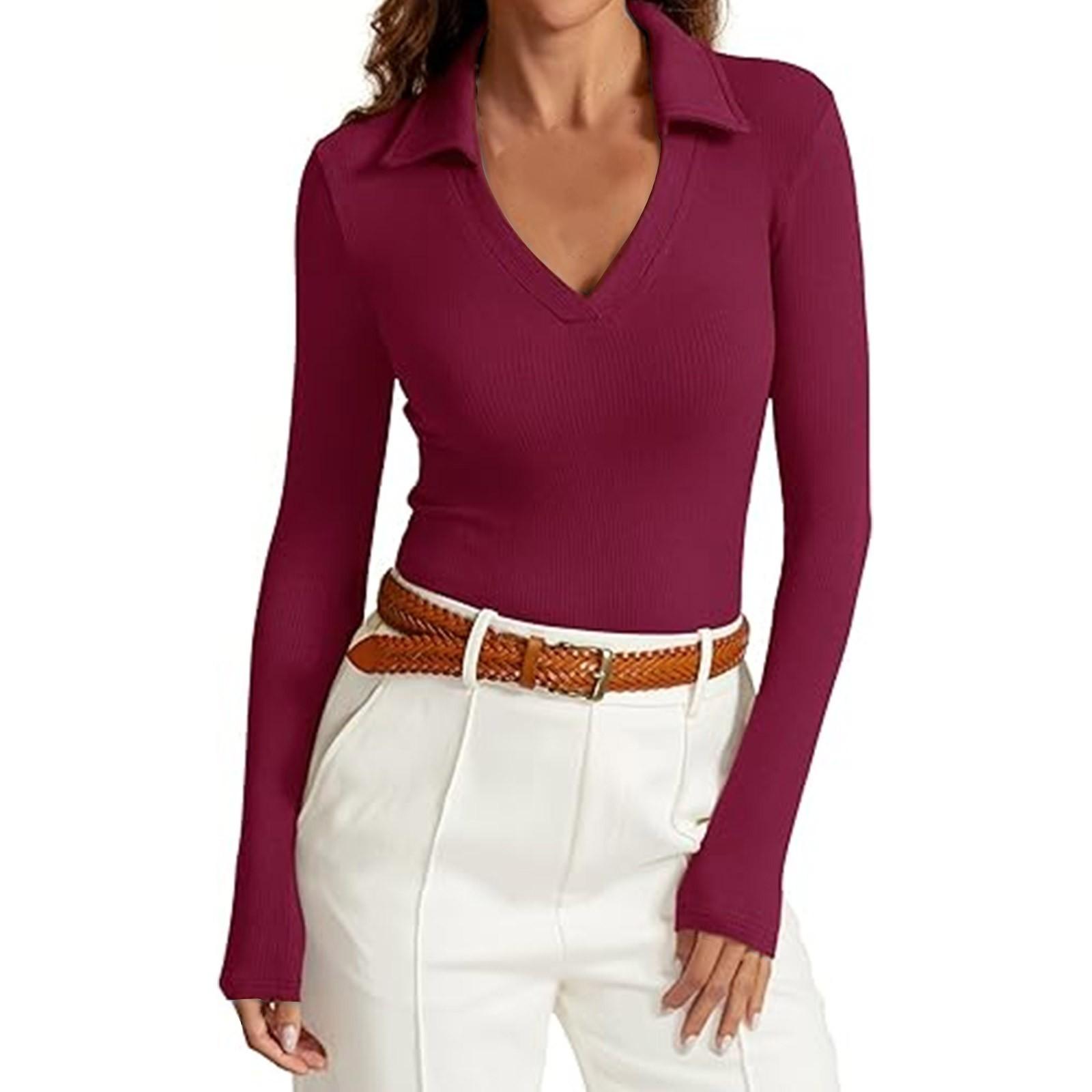 

Женский повседневный универсальный топ с V-образным вырезом, однотонный, с лацканами, с длинными рукавами, свободный топ с длинными рукавами XL винный