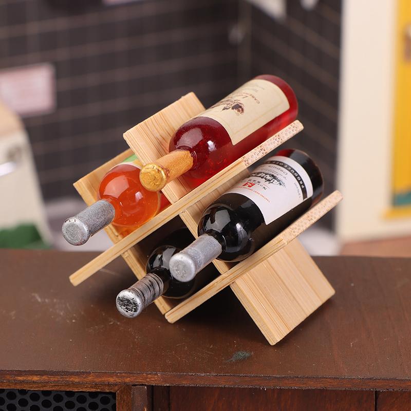Puppenhaus Zubehör Miniatur Holz Wein Flasche Halter Mini Schaufenster Modell Spielzeug Für Puppe Haus Dekoration