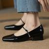 Spring red patent leather square head light mouth thick low heel retro word with Mary Jane single shoes