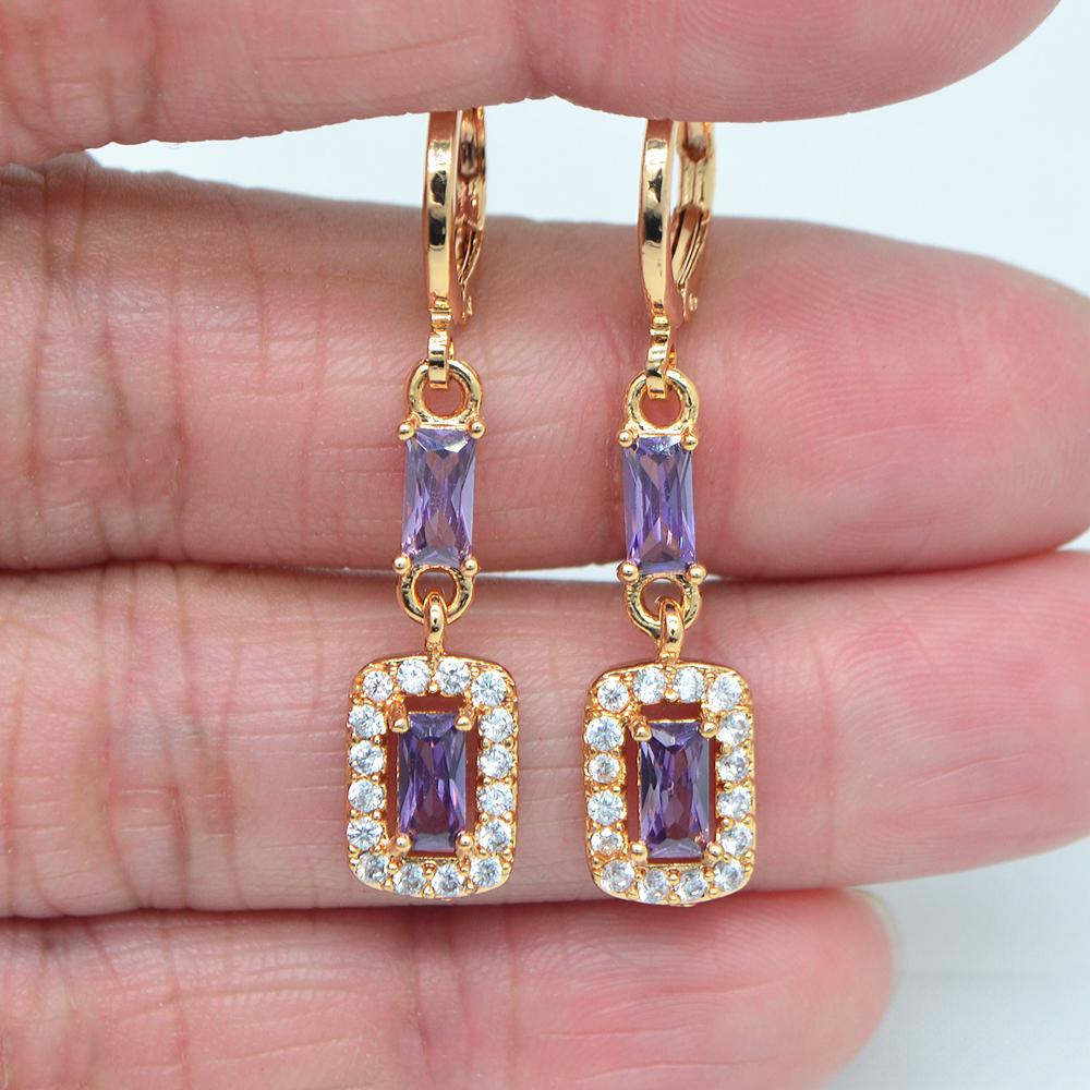 Women Fashion Lovely Pink Cubic Zirconia CZ Rectangle Drop Earrings Jewelry