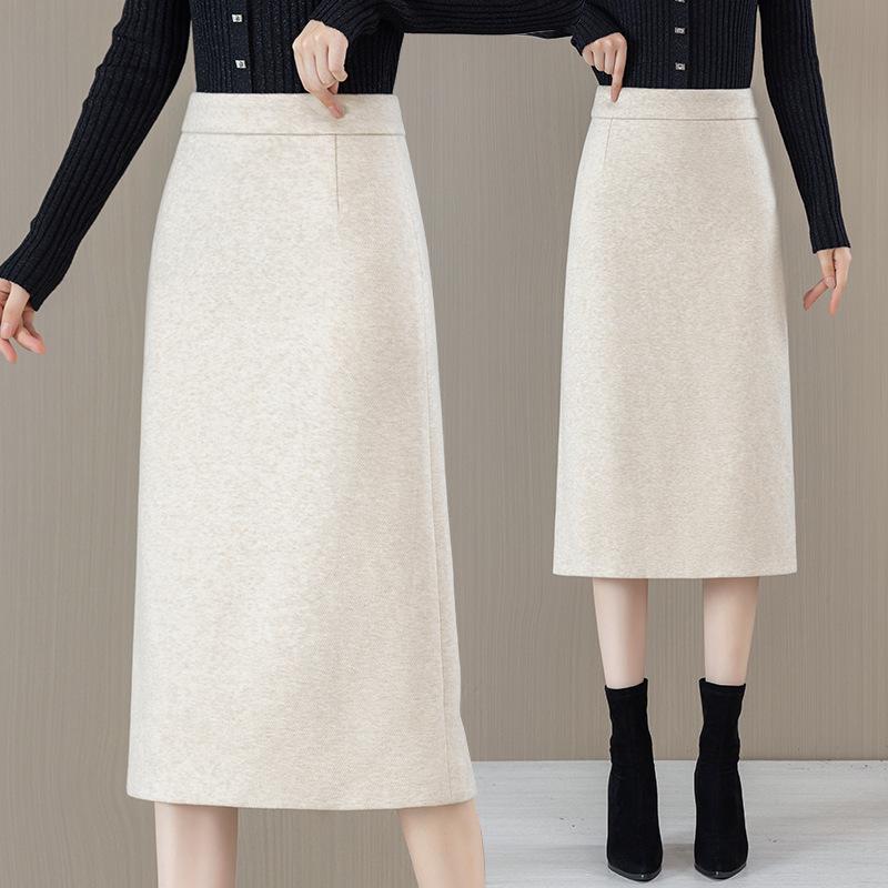 2025 Woolen High Waist A-Line Mid-Length Skirt for Women - Autumn/Winter Hip-Wrap Style