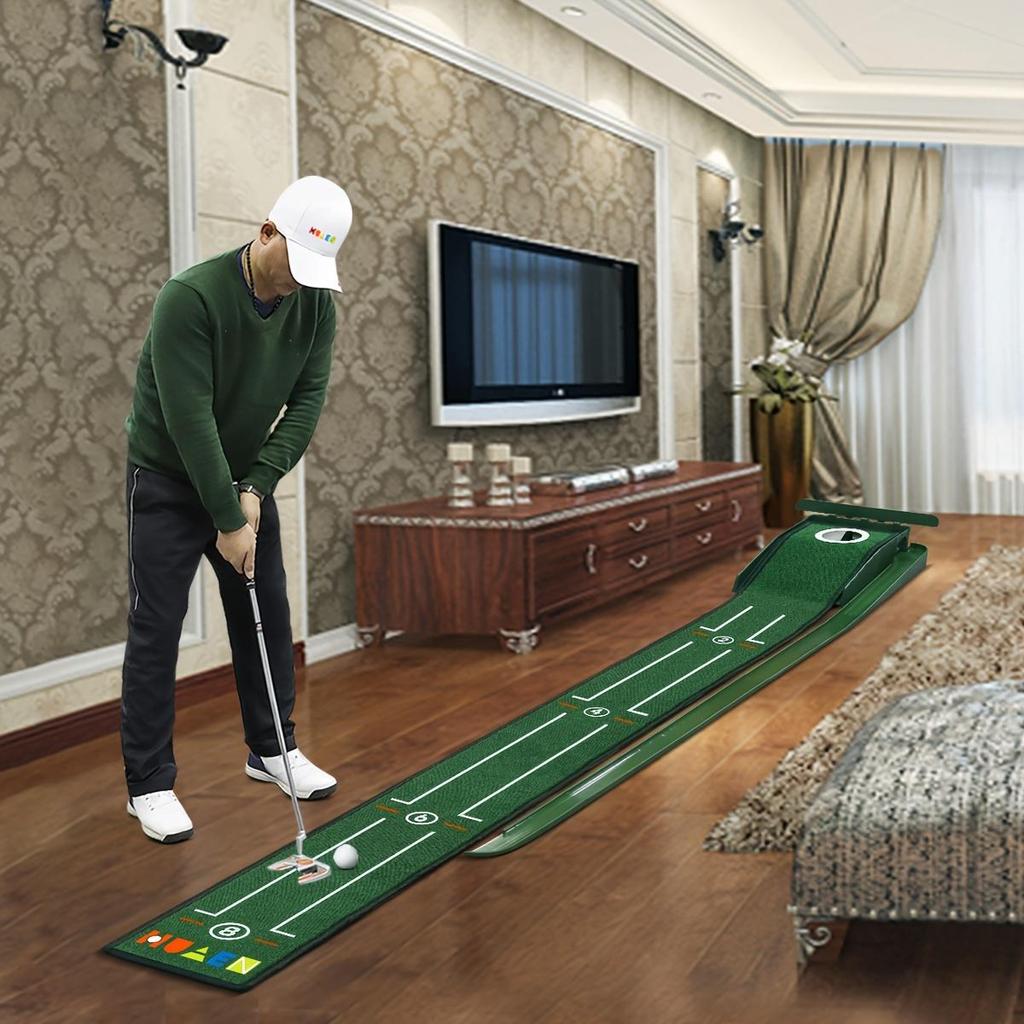 Indoor Golf Putting Mat with Auto-Ball Return & Behind-the-Hole Ball Collector - Putter Alignment Guides At 3, 5 & 7 Feet