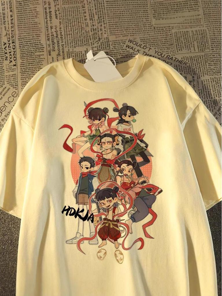 Unisex Nezha Cartoon T-Shirt - American Style, Short-Sleeved, Loose Fit, 2025 Collection, Pure Cotton Summer Top