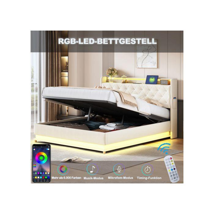 Lit - MUVOE - 160x200 Cm - LED Avec USB - Rangement Hydraulique - Tissu En Lin Beige