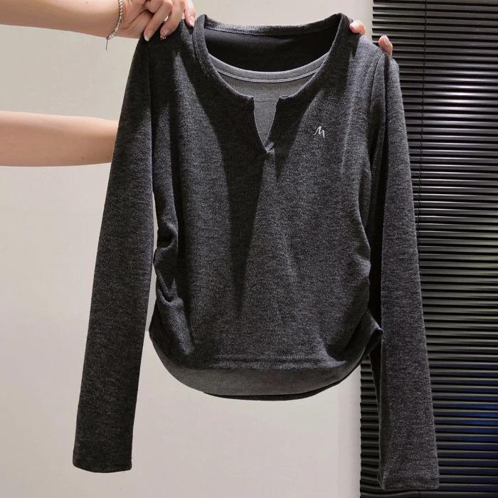 Women's Fake Two-Piece Long-Sleeve T-Shirt - Early Autumn 2025, Slimming High-End Inner Layer, Short Top