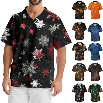 Men's Printing Short Sleeve V-neck Working Blouse Chest Pocket Carer Top