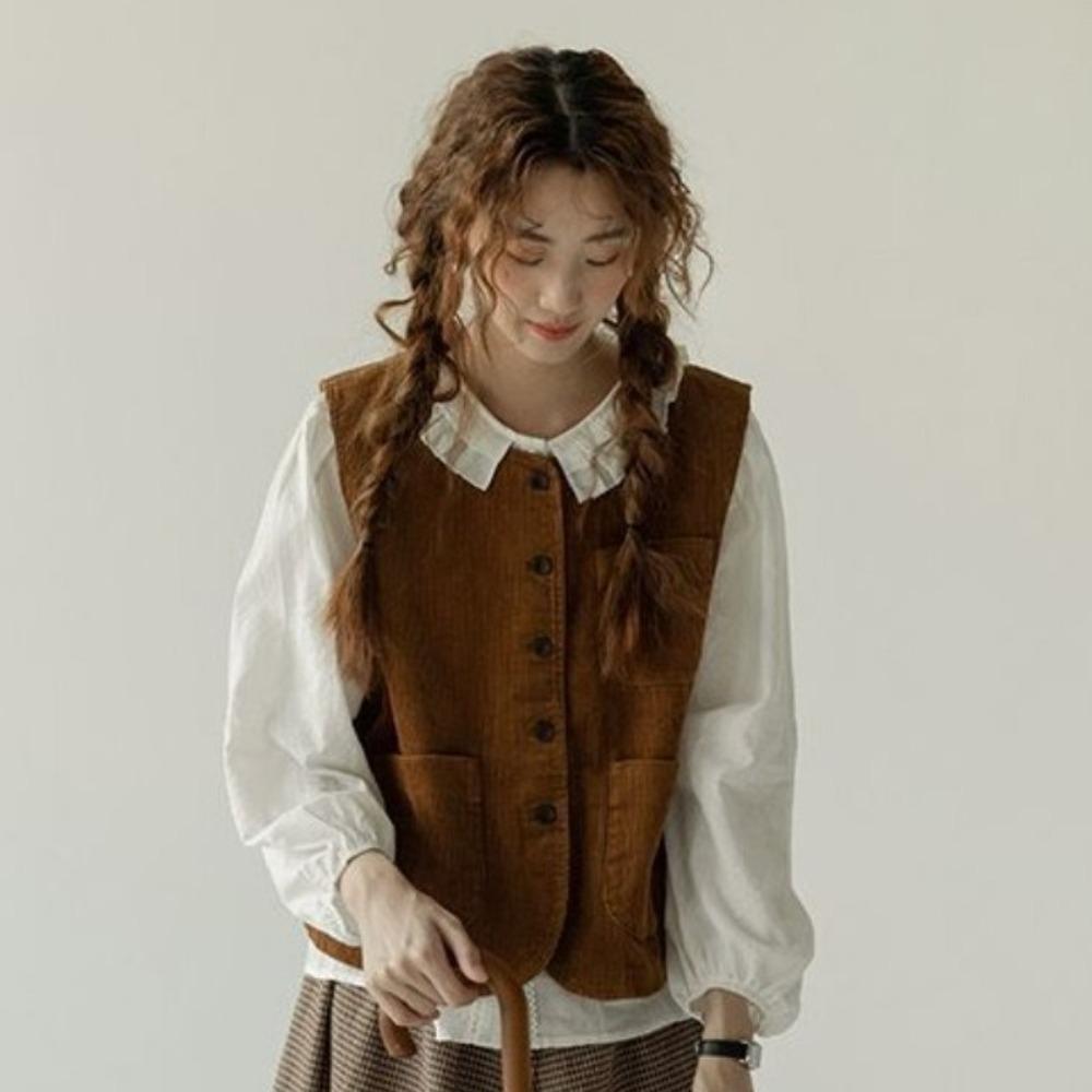 All Match Button-up Short Coats Round Neck Waistcoat Women Simple Vintage Corduroy Vests  Ladies