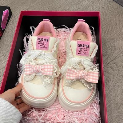 Sapatos Femininos de Lona Off White Bico Redondo Planos para Mulheres Uso Externo Conciso Patchwork Laço de Borboleta Estilo Romântico Fofo para Estudantes