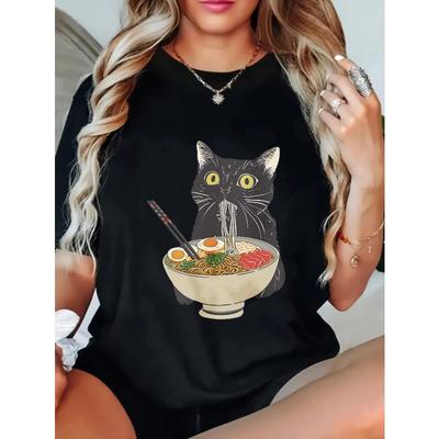 T-shirt Casual da Donna Gatto Nero Che Mangia Ramen Stampa Vestibilità Larga Top Per Uso Quotidiano E Comfort Domestico