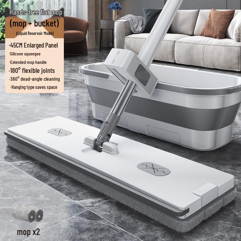 Hands-Free Flat Mop with Enlarged Head & Automatic Dehydration Bucket for Easy One-Wipe Cleaning