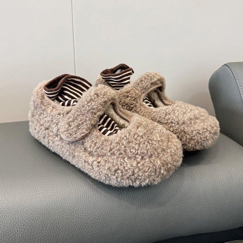 Shoes Mary Jane Shoes Versatile Velcro Night Shallow Mouth New Thick Sole One Pedal Lazy Winter Velvet Retro