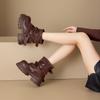 Inner height-increasing brown short boots women's autumn new thick-soled pleated stacking boots belt buckle brown trouser tube boots