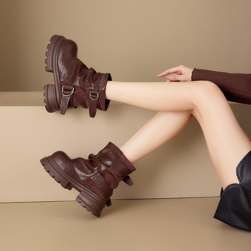 Inner height-increasing brown short boots women's autumn new thick-soled pleated stacking boots belt buckle brown trouser tube boots
