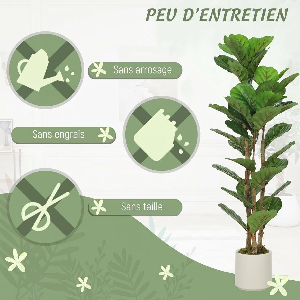 Artificial Plants, Set of 2, 120 cm Fiddle-Leaf Fig, Plastic Pot, Solid Wood Trunk, Green