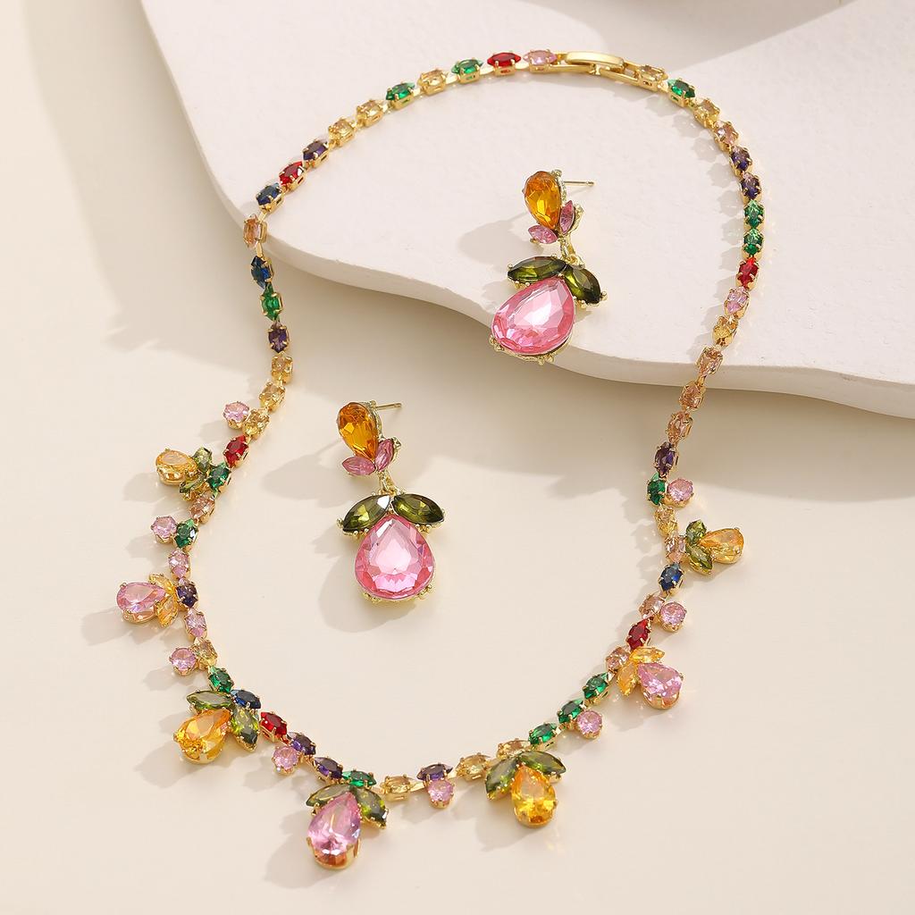 High quality light luxury fashion atmosphere color zircon flower water drop pendant earrings necklace set fresh and sweet jewelry