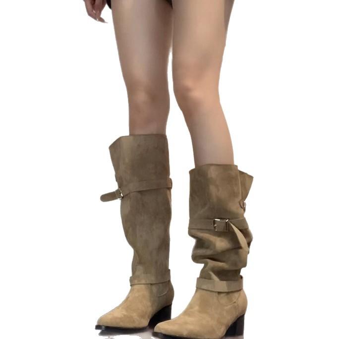 Cowhide Version~ Thick Heel Leather Retro Long Boots Women's Belt Buckle Pleated Stacking Boots Tall Western Cowboy Boots