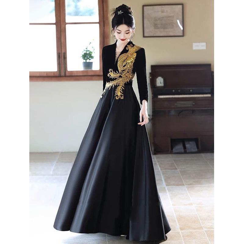 Evening dress female high-end sense black long-sleeved high-end atmosphere annual meeting host vocal art test choir performance suit