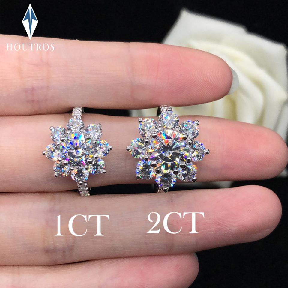 2 Carat Sunflower Real Moissanite Engagement Rings For Women 925 Silver 18K White Gold Plated Wedding Band with GRA