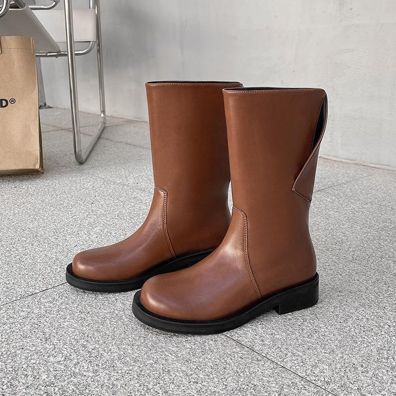 Early autumn clamshell rear split middle boots retro thick heel round head autumn and winter new Martin boots women
