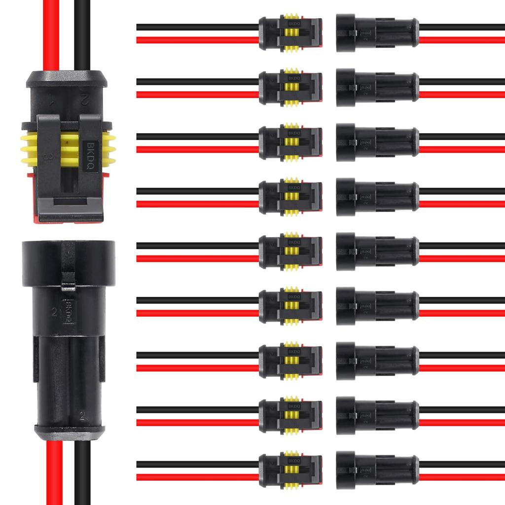 2 Pin Connector Waterproof Connector, Male and Female Way 16 AWG Wire (10 Kits)