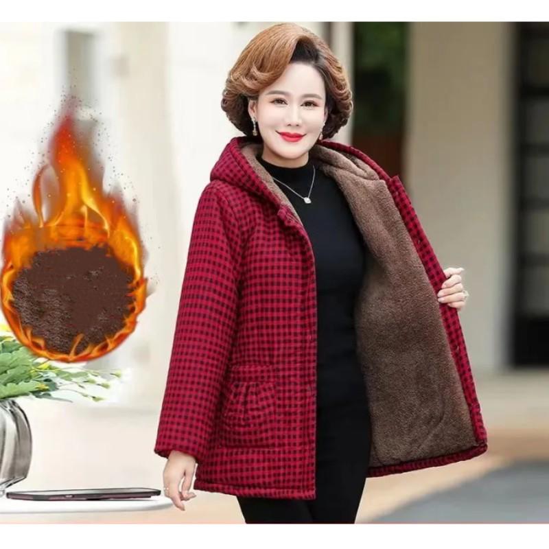 Women's Winter Plus Size Cotton-Padded Jacket Middle-Aged Elderly Mothers Short Warm Padded Coat Casual Hooded Outerwear