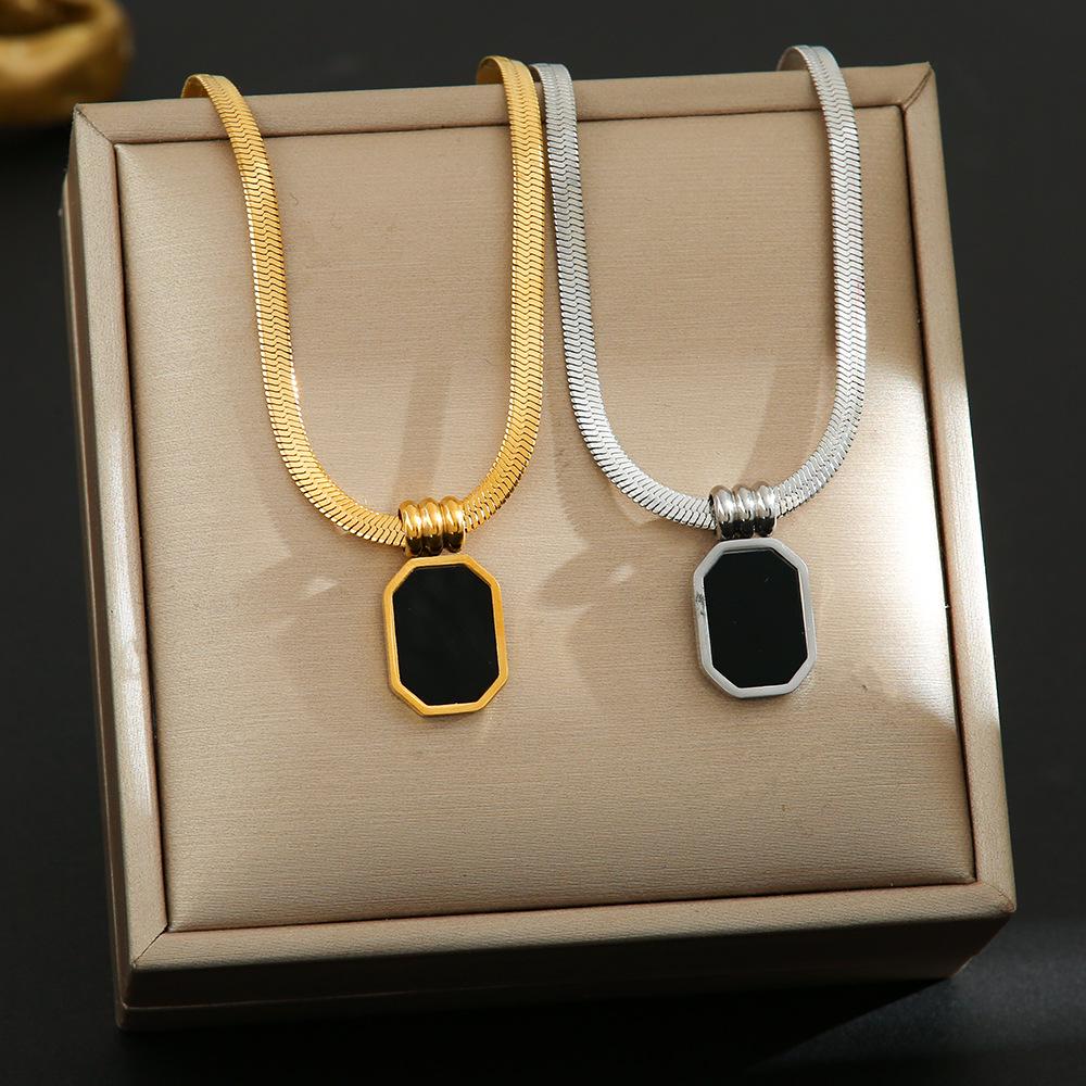 Black Rectangular Pendant Necklace for Women - Niche Design, Full Titanium Steel, Gold-Plated Clavicle Chain