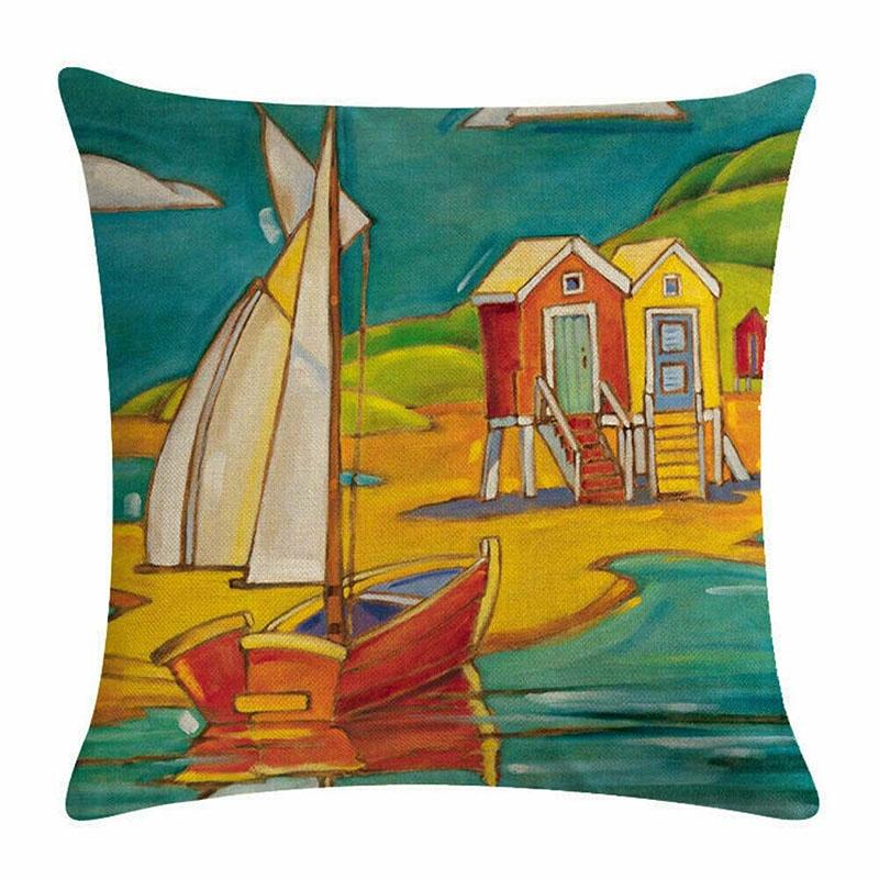 Artistic Beach Oil Painting Cushion Cover With Invisible Zipper For Stylish Interiors