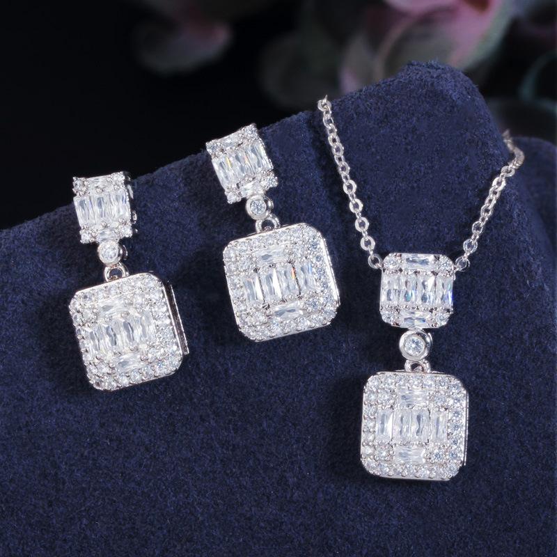 Needle Stud Earrings Slightly Inlaid Zircon Pendant Necklace Set Temperament Jewelry