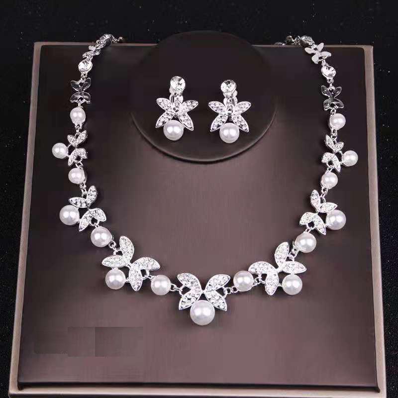 Korean Bridal Necklace & Earrings Set - Rhinestone & Pearl Wedding Accessories