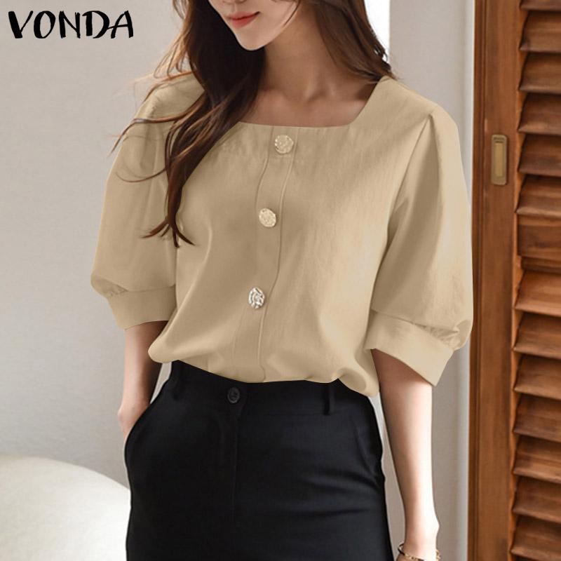 

VONDA женская летняя свободная блузка с квадратным вырезом и рукавами 1/2, однотонная планка на пуговицах
