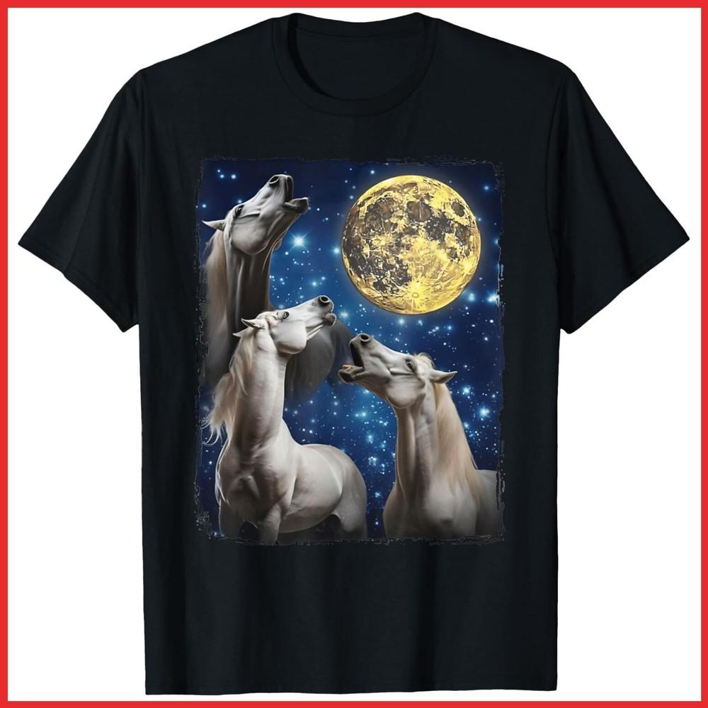 Three Horse Moon 3 Horses Howling Funny Meme Black Cotton T-Shirt Unisex T-Shirt S