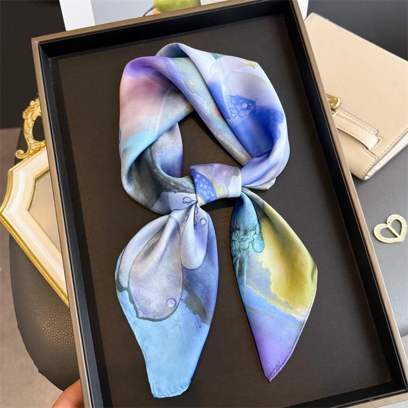 Ink lotus simulation silk printing silk scarf square scarf high-end shawl sunscreen neck small square scarf headscarf scarf women