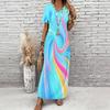 Women Plus Size V Neck Short Sleeve Colorful Printed Maxi Dress