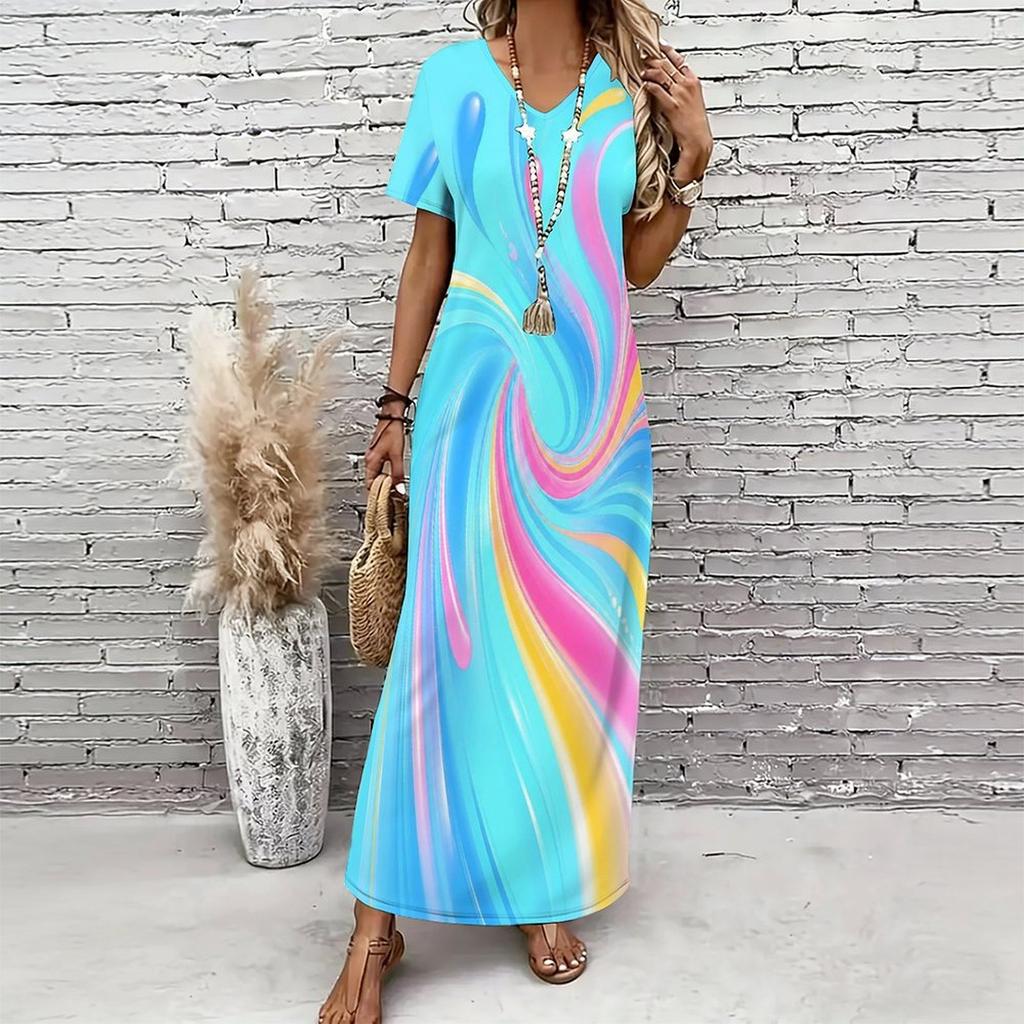 Women Plus Size V Neck Short Sleeve Colorful Printed Maxi Dress