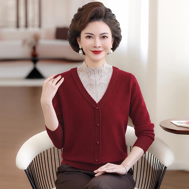 

Mom s 100% Wool Two-Piece Look Sweater: Stylish, Warm Long-Sleeve Knitwear for Middle-Aged and Elderly Women. 4XL [145-165 lbs]