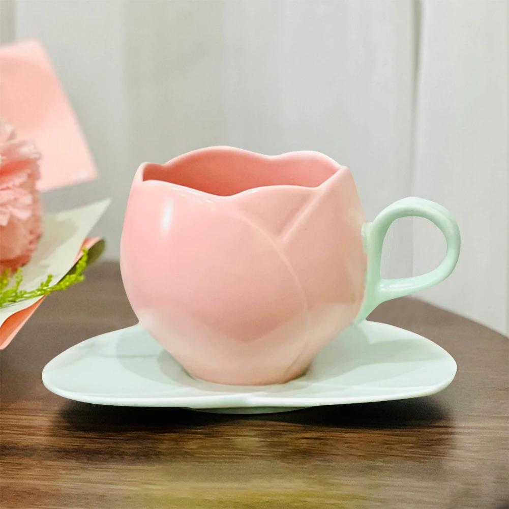 Lovely Tulip Drinking Cup with Saucer Ceramic Tulip Shaped Teacup Creative Vintage Mug Home Afternoon Tea Cappuccino Tableware