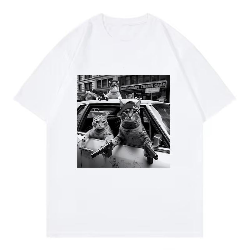 Streetwear Cat Printed Funny T Shirts Unisex Hip Hop Cat Fashion T-shirt Round Neck Short Sleeve Trendy Tee Shirt Streetwear Tops