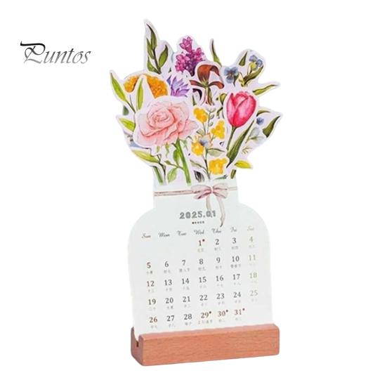 2025 Bloomy Flower Calendar Bloomy Flowers Desk Calendar with Wooden Base Daily Schedule Planner for Bookmark Postcard Wall Decoration