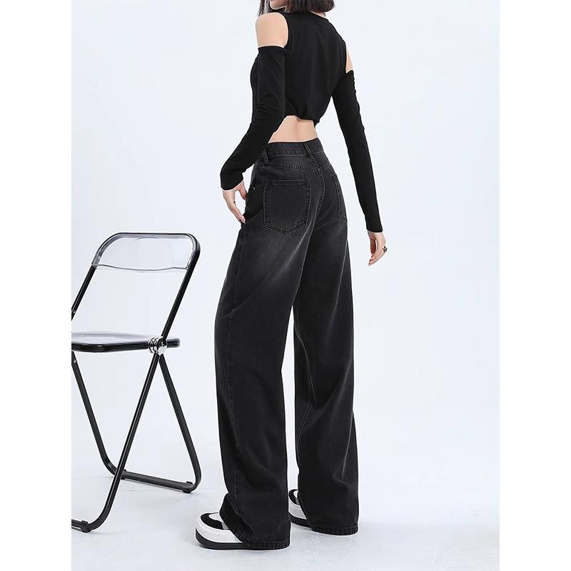 Black and gray high-waisted wide-leg jeans for women's spring, new loose and thin straight extended pants