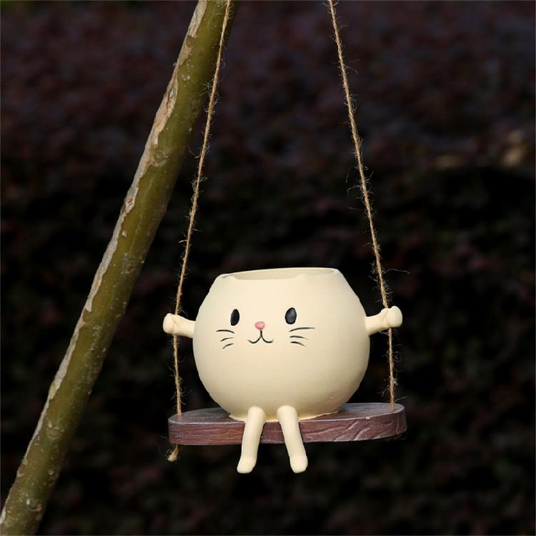 Creative Rocking Feline Planter Resin Swing Chair Design Decorative Flower Pot Fit for Modern Garden Weather Resistant