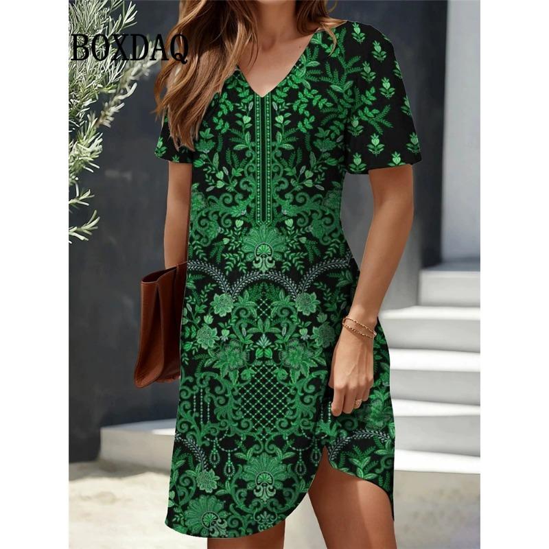 Summer Vintage Flowers 3D Print Women's Dresses Short Sleeve Dress Retro Casual V-Neck Pullover Loose Plus Size Clothes