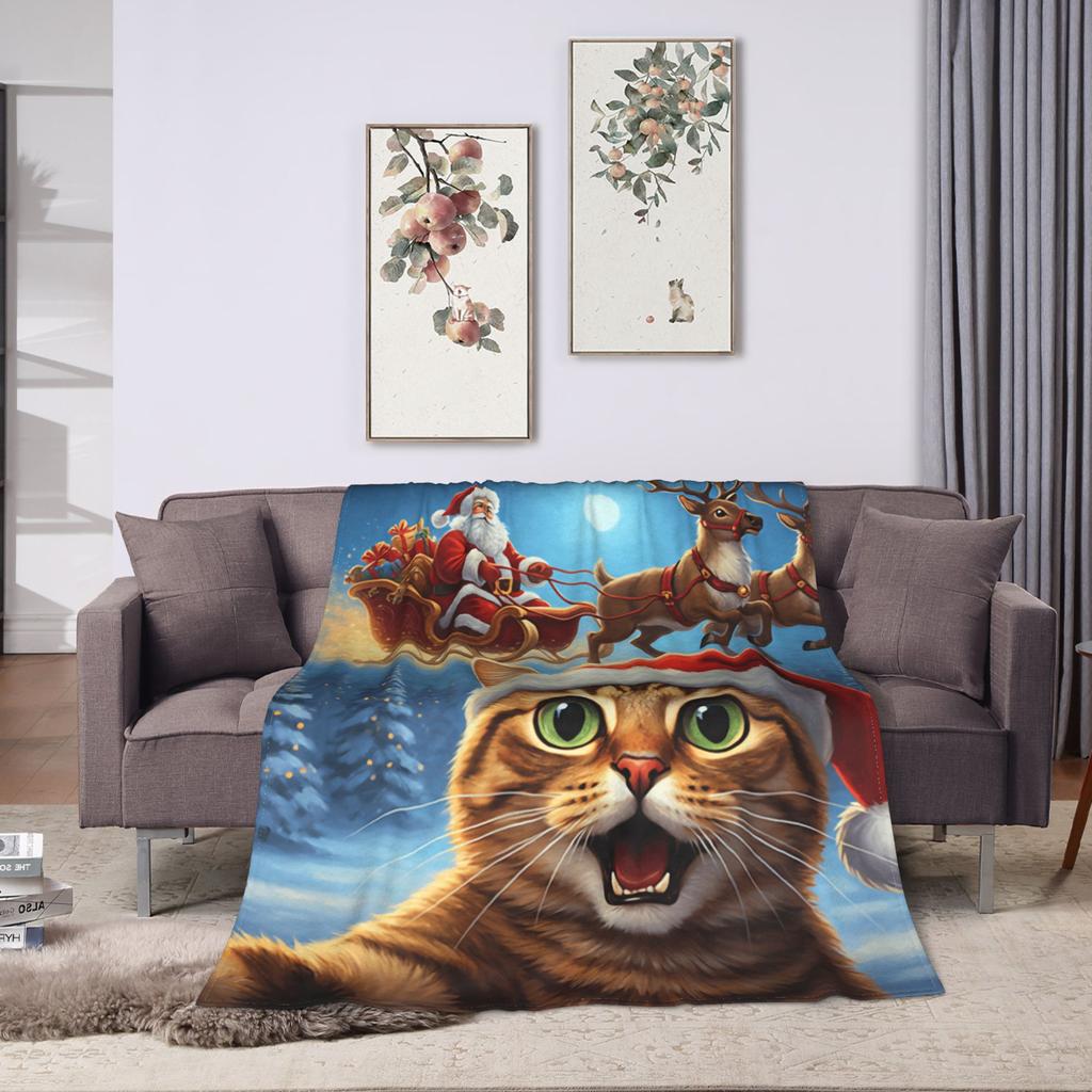 Cat Selfie with Santa Blanket  Warm Comfortable Plush Throw Blanket For Kids Adult Living Room Flannel Bedspread Bed Cover