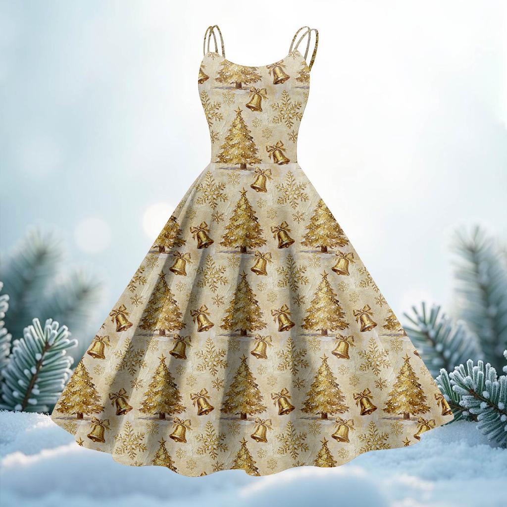 Women's Christmas Print Casual Fashion Round Neck Mid-Length Dress