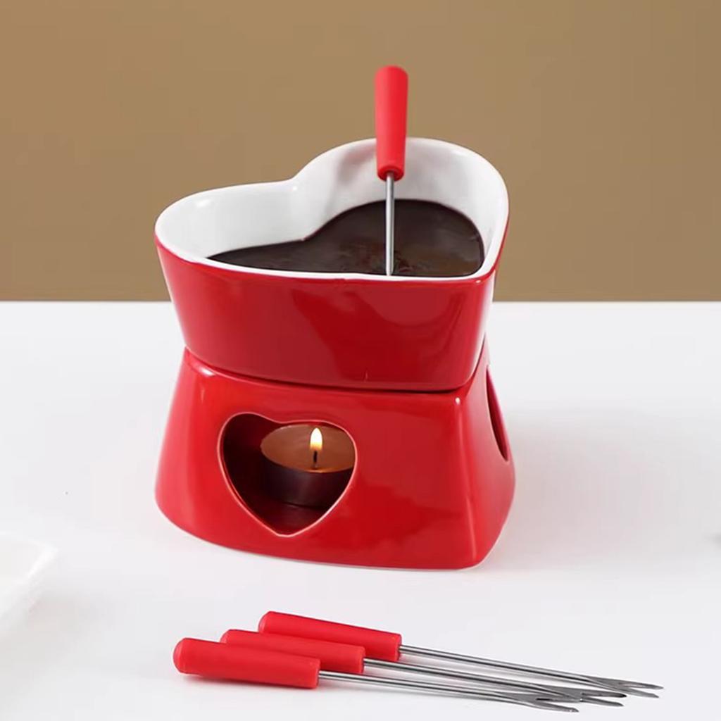 Ceramic Chocolate Fondue Pot Heart Shaped Mini Fondue Pot Set 320ML Cheese & Chocolate Fondue Pot for Parties Cozy Nights Gifts