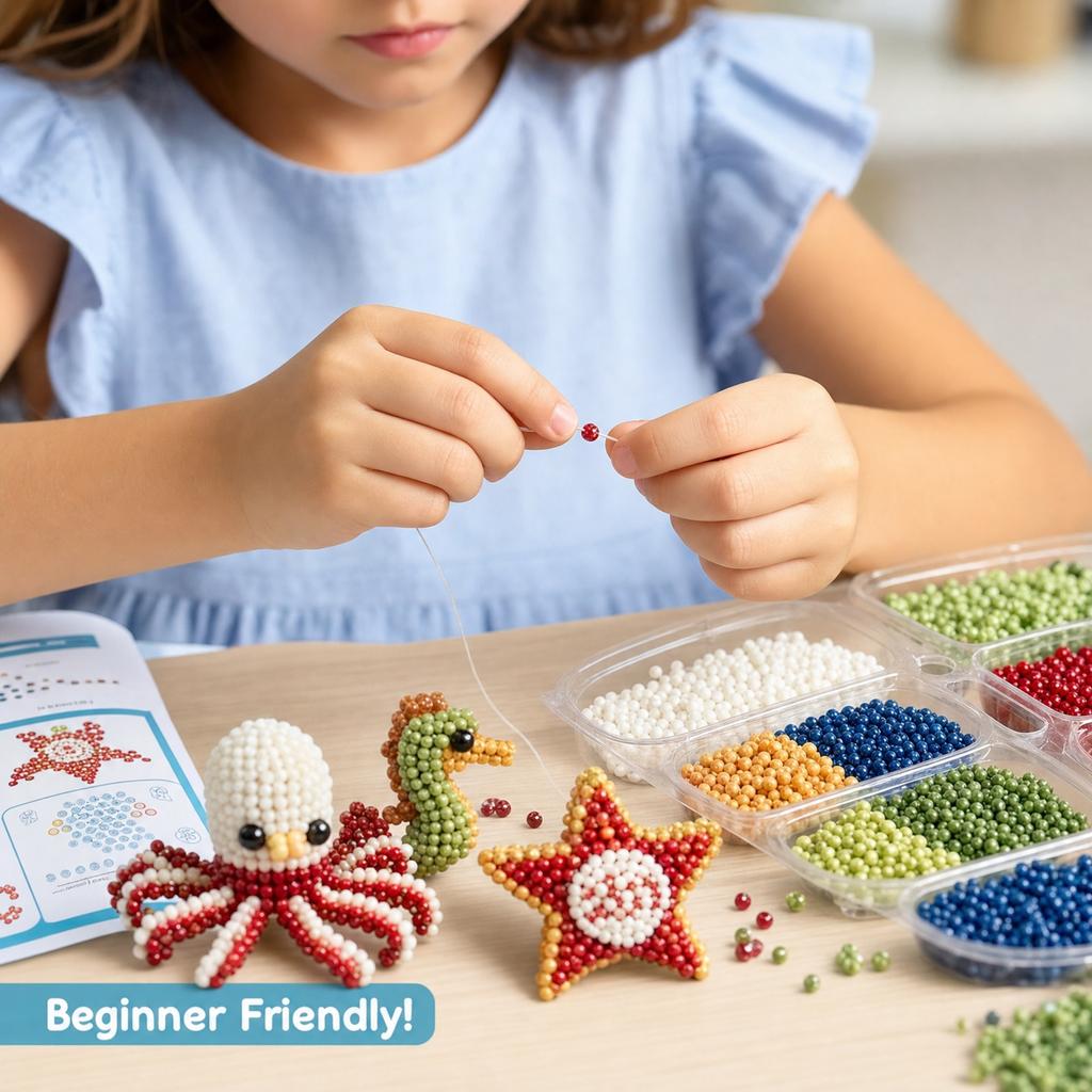 3D Beaded Ocean Gnome DIY Kit 4 Piece Set Includes Octopus Seahorse Starfish and Gnome Figures for Crafting and Decoration