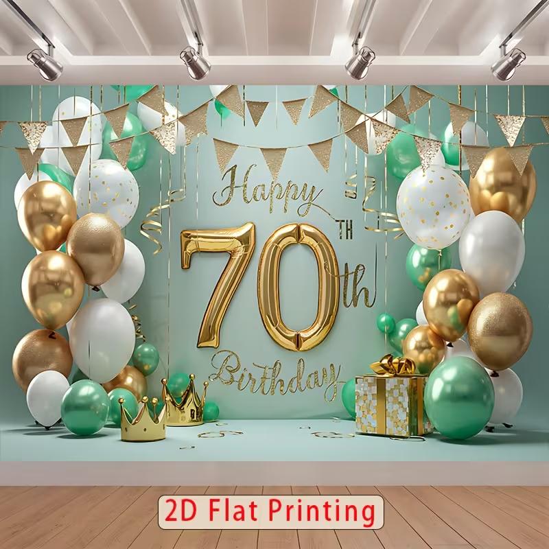 2D Neutral 70th Birthday Backdrop, Mint Green & Gold Balloon Decor Banner